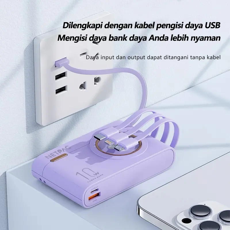 【COD】NETPACLIFE Powerbank 10000 mAh Fast Charging Murah Mini Macaron Cute Camera Design LED with Kabel Data Type C Micro USB Lightning 1