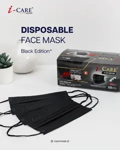 i-Care BLACK Edition Earloop 3ply Surgical Mask Disposable Face Mask Masker Medis HITAM ICARE Masker Icare Earloop Black Luar Hitam Dalam Putih Dewasa