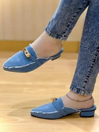BB Laini - Women Heels Mules Gold Buckle Denim with Tassel 2cm Trend 2024 Karet Shoes Wanita