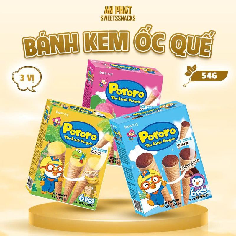 Bánh ốc quế Pororo Hàn Quốc 54g bánh ăn vặt cho bé đủ vị chuối socola dâu sữa chua An Gia Sweets Snacks