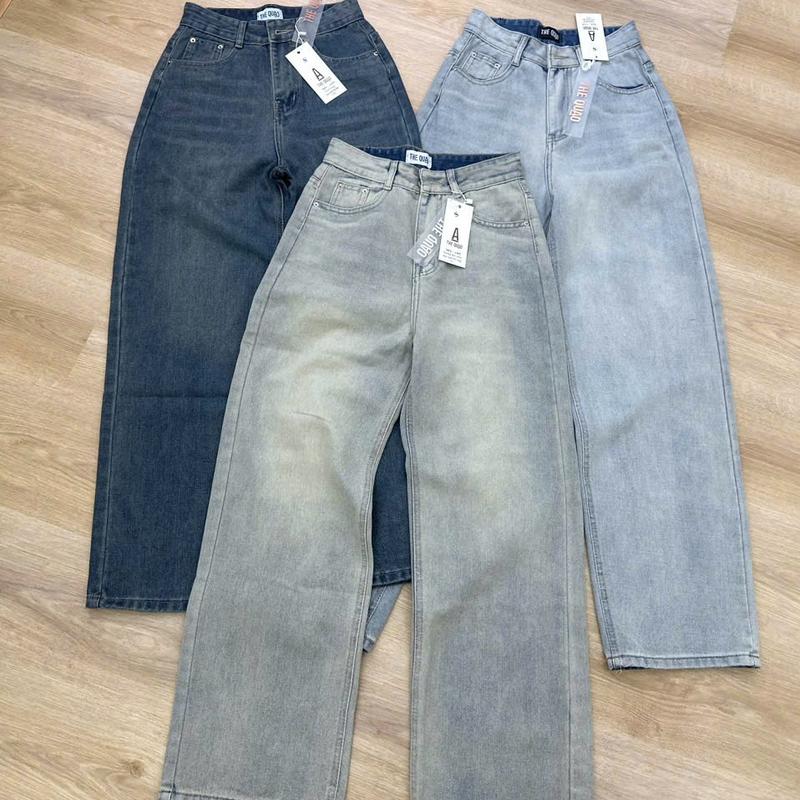 THE QUẠO - Quần Jean Bò Ống Suông Nữ Lưng Cao Màu Xanh Đậm /Xanh Bạc S1506_685