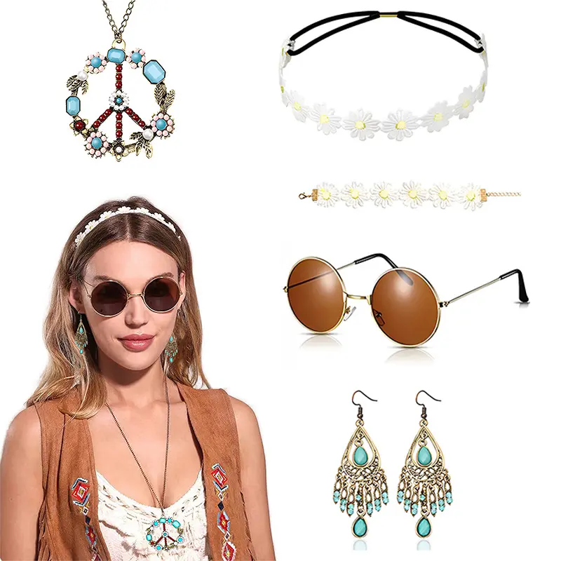 Bohemian Vintage Earrings Necklace Glasses Headband Women's Accessories Set