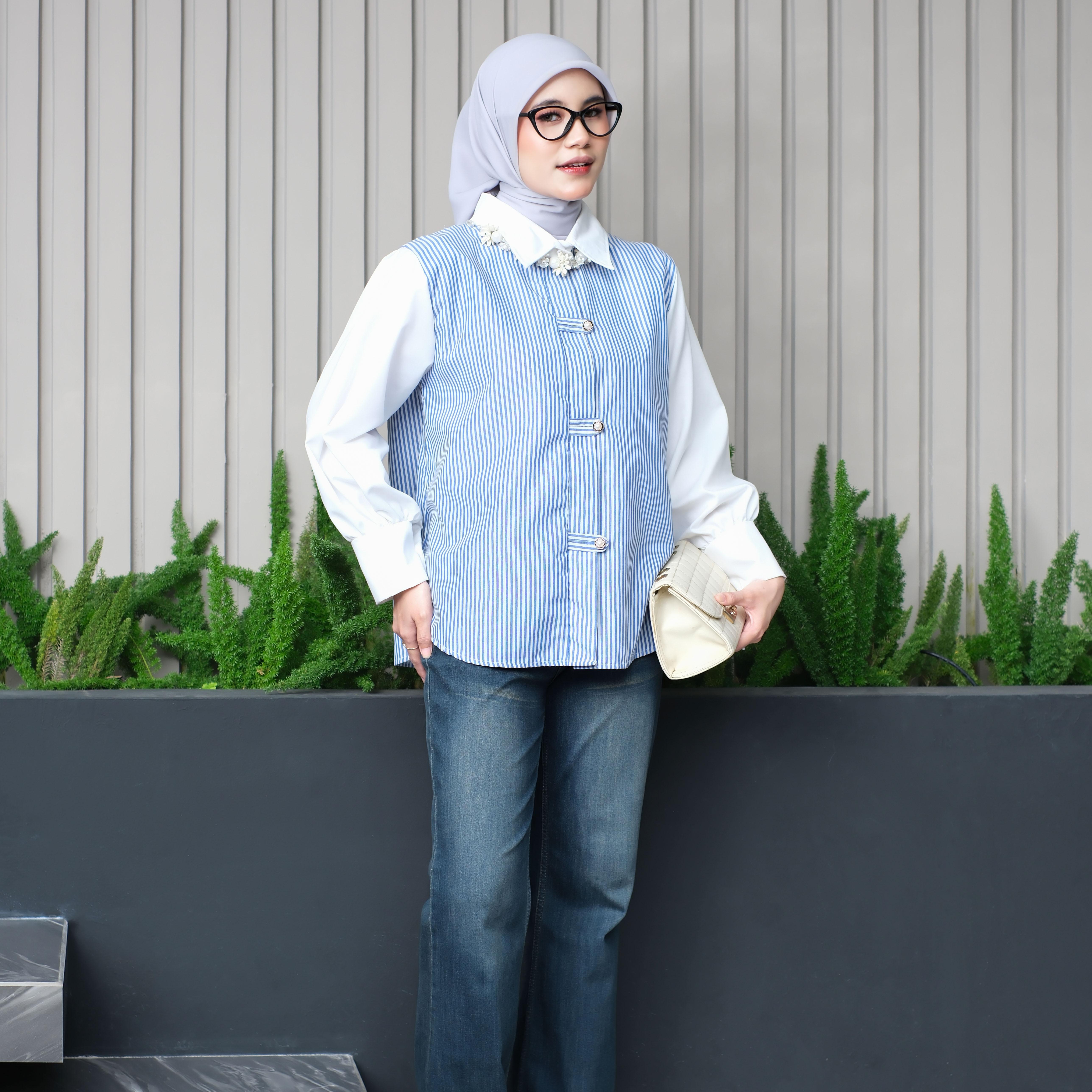 Mybamus X Syarifahkhairatunnisa Sweetiepie Blouse Kemeja Kombinasi Wanita Lengan Panjang Kekinian