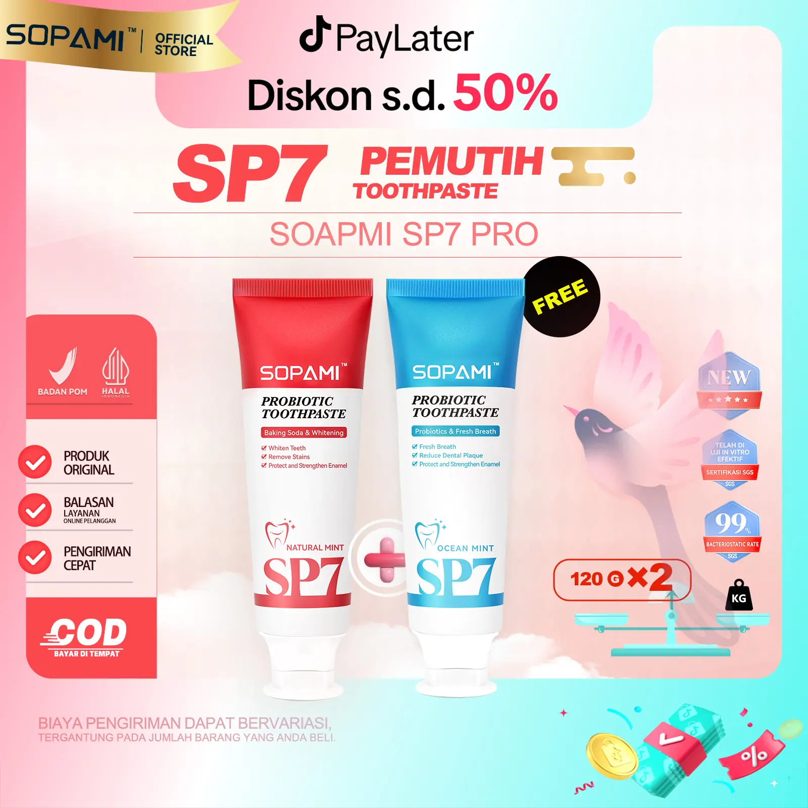 【Diskon Hingga 50%】[BPOM] SOPAMI SP7 Versi Upgrade Pasta Gigi Pemutih Baking Soda Plus Mint Alami + Pasta Gigi Pelepasan Plak Perlindungan Gusi & Gigi Plus Mint Laut Menghilangkan plak gigi, Melindungi dari gigi berlubang, Merawat gigi