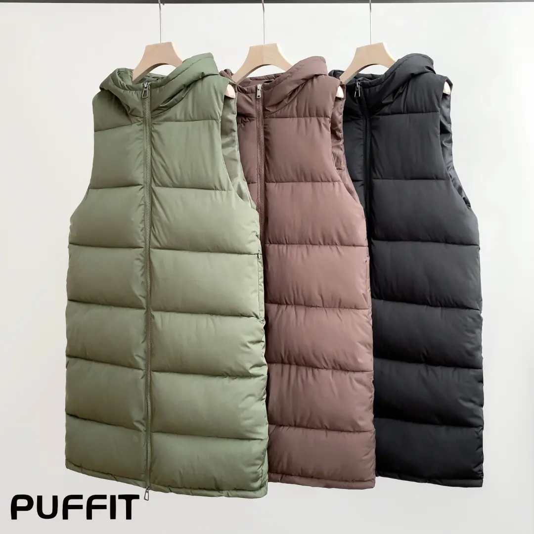 PUFFIT Women's Long Puffer Vest with Hood,Hidden Zipped Side Pockets,Stand Collar Sleeveless Puffy Bubble Gilet Outwear