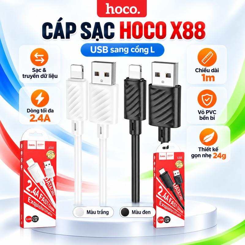 Cáp Sạc Nhanh USB To Lightning Hoco X88 Dài 1M, Dòng Sạc 2.4A, Lõi Đồng Bền Bỉ, Truyền Dữ Liệu Tốt Cho Điện Thoại dâysac dienthoai