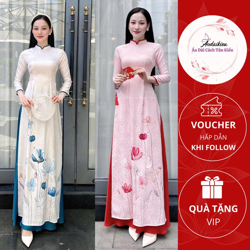 Áo dài truyền thống lụa Gấm in Hoa đẹp hợp giáo viên chụp hình A52