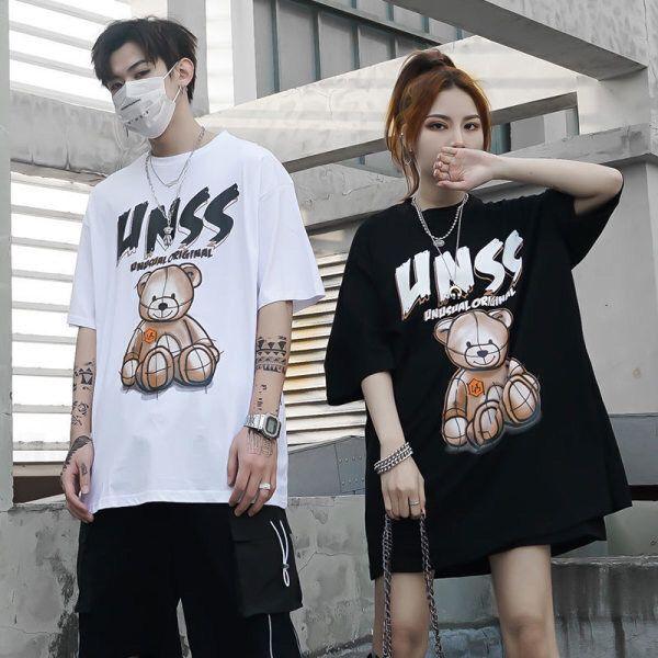 Product Introduction of COD! Kemeja-t lengan pendek gaya Korea dengan cetakan beruang untuk wanita, pakaian pasangan bersaiz besar, serba guna, longgar, trend BF, musim panas 18