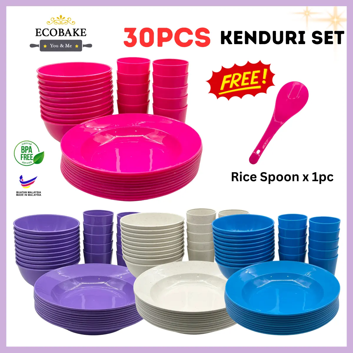 ECOBAKE 30pcs Kenduri Set/ Party Set 30pcs/ Plastic Plates Cups Bowls Set/ High Quality Food Grade for Kenduri Banquet