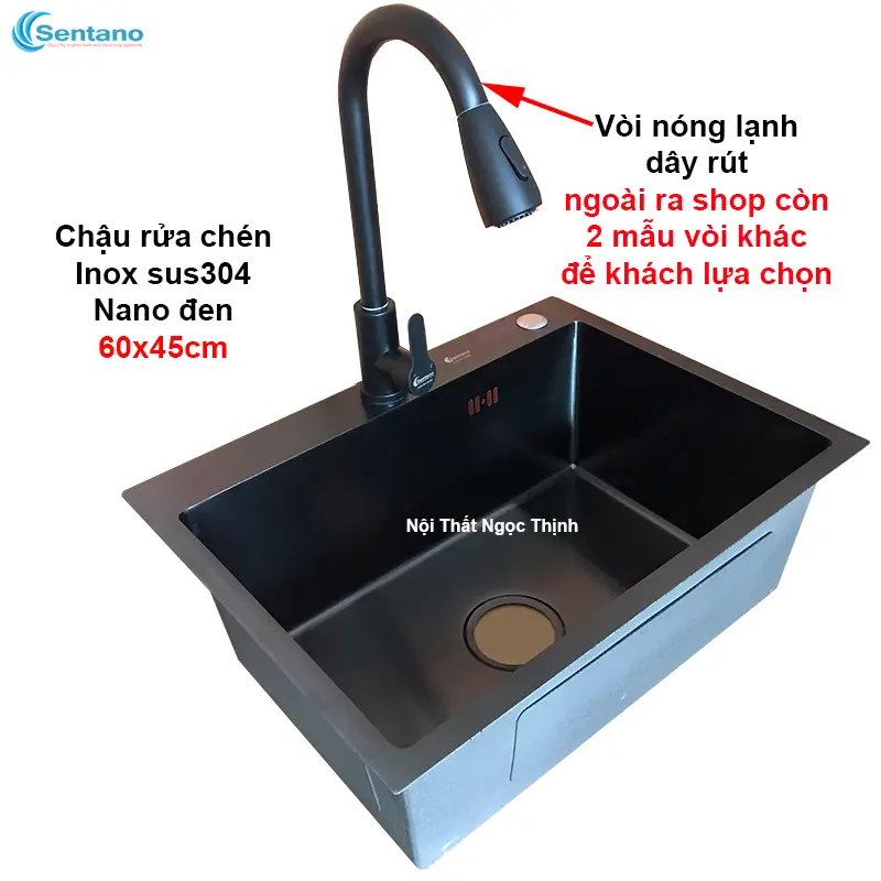 Chậu rửa chén bát inox sus304 SENTANO NANO ĐEN 60x45cm chống trầy xước cao cấp tặng kèm rổ đa năng 1