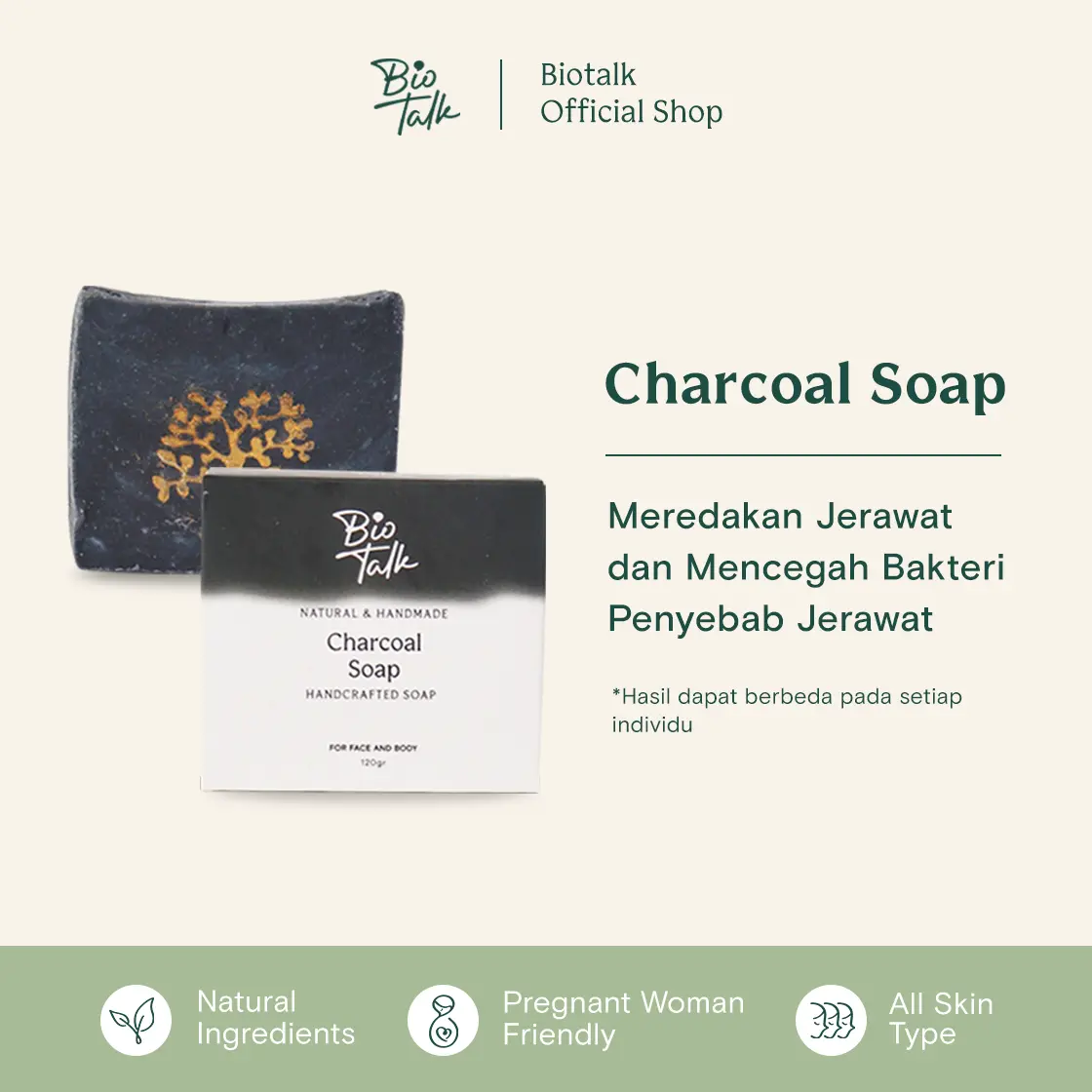 Biotalk Charcoal Soap | 120 gram | No SLS/SLES | Mengatasi Jerawat Wajah & Punggung| Sabun Mandi Charcoal Natural Handmade