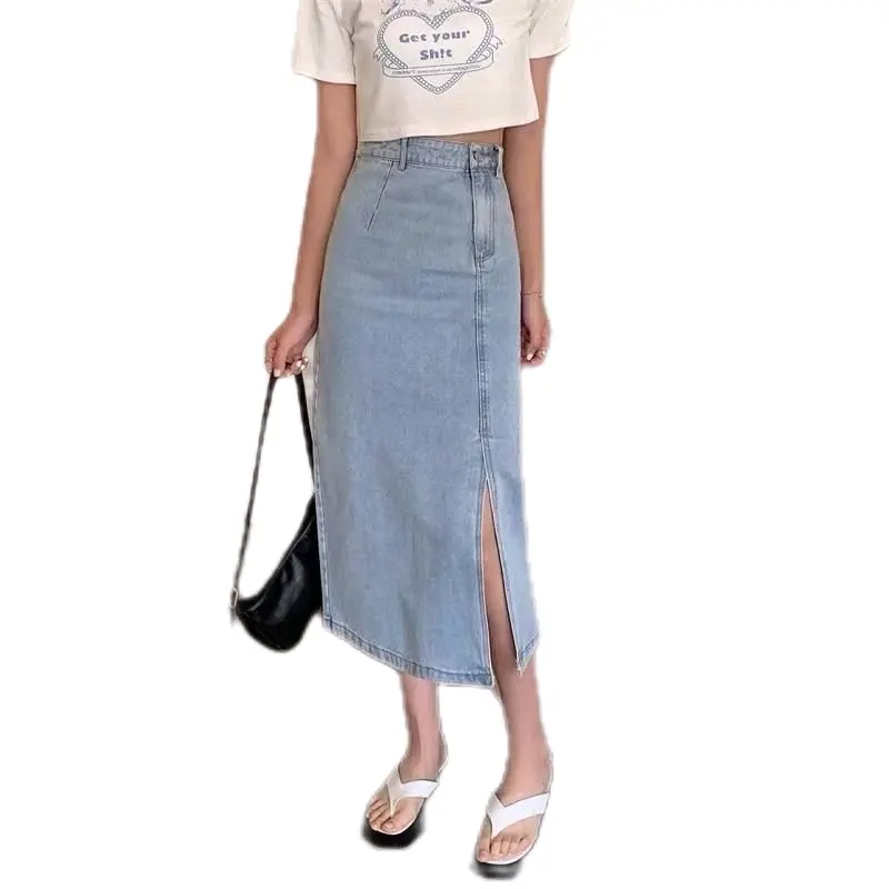 Lova - Rok Jeans Wanita Korean Style Higwaist Belah Samping Rok Midi Lenght A-line 3