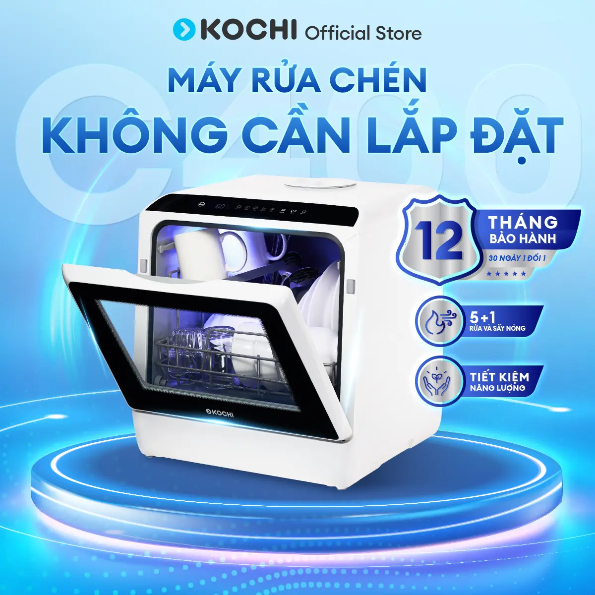 Máy rửa chén bát để bàn KOCHI C400 - Nhỏ gọn - Tiết kiệm năng lượng - 4 bộ - May Rua chen - Kochi vietnam - May rua bat - mini - Rửa nước nóng, Sấy và khử trùng - Làm Sạch hoàn hảo