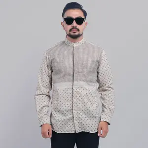 PAKAJI Baju Koko Pria Bordir Lengan Panjang Premium Cream Motif Wajik Pattern Coklat Kotak Vertical Baju Koko kemeja koko 011 C
