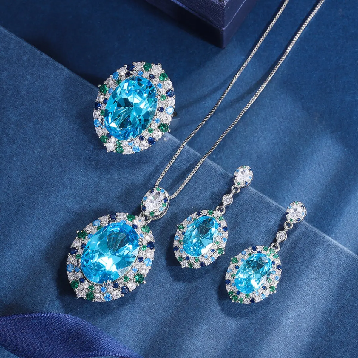Lux Co.Aquamarine full of crystal necklace and earrings set.
