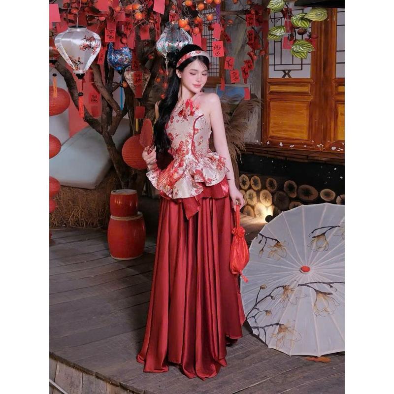 P285 - Set yếm cách tân corset gấm hoa hồng phối chân váy lụa đi chơi đi chụp hình