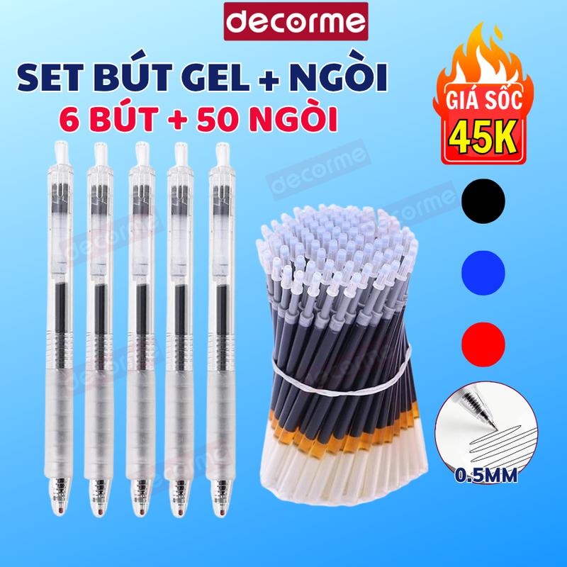 6 bút 50 ngòi Bút Gel Basic Ngòi 0.5mm DecorMe bút gel bấm basic mực đen xanh đỏ thay ngòi 11cm phụ kiện văn phòng phẩm