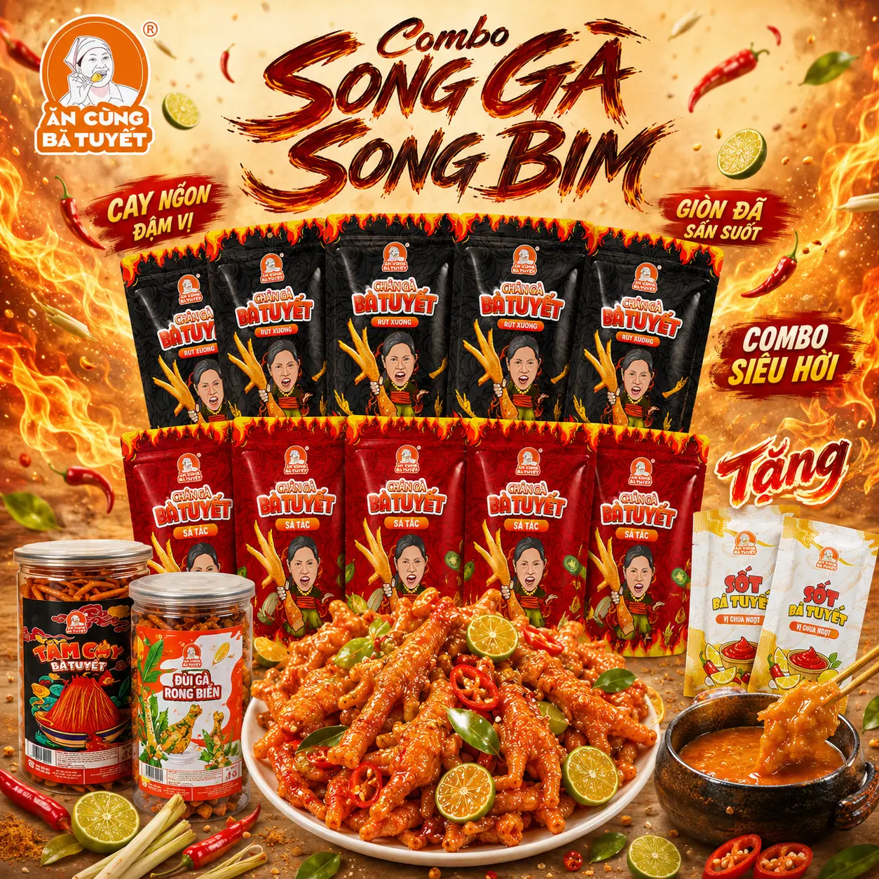 (Tặng 2 gói sốt chấm) Combo SONG GÀ SONG BIM: 10 chân gà + 1 bim bim tăm cay + 1 hũ đùi gà - ĂN CÙNG BÀ TUYẾT M78