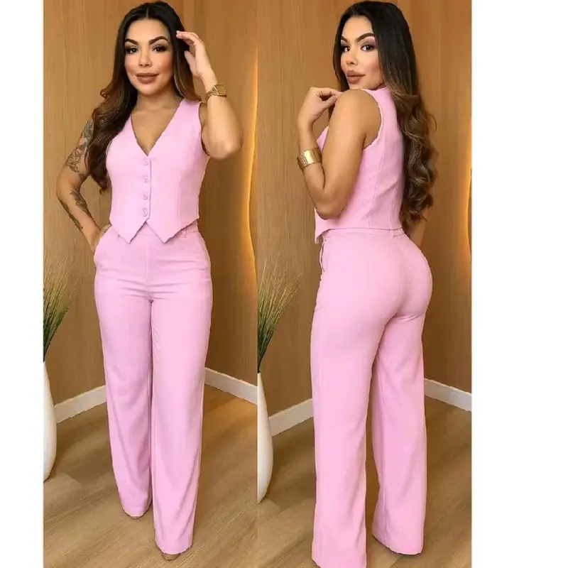CONJUNTO MODA FEMININA EN TENDENCIA 2O25 CALCA CON ZIPER COLETE CON TRES BOTONES P M G GG EN TECIDO ALFAIATARIA