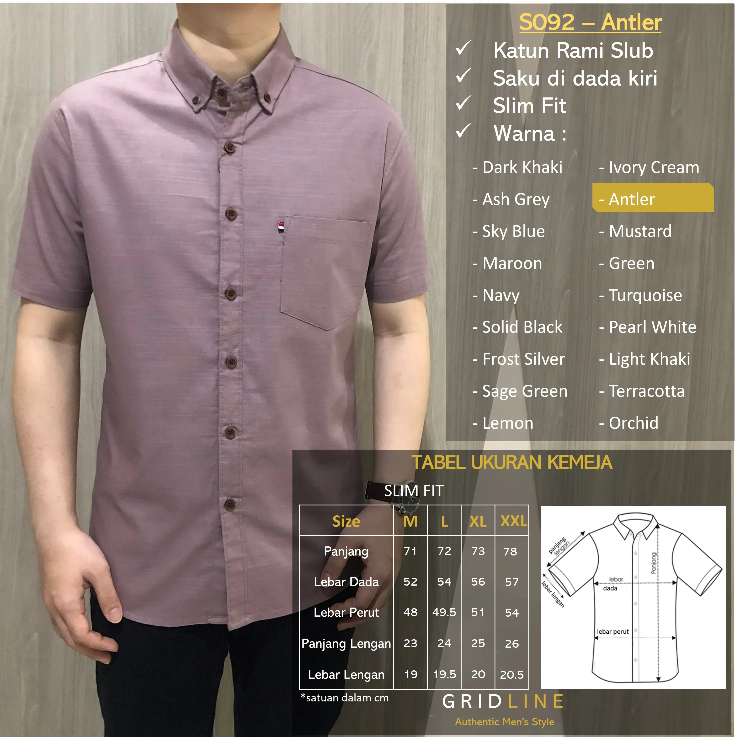 [GRIDLINE - S092 Colorful Premium Basic]  Baju Kemeja Kantor Pria Polos Slimfit Stylish Casual Katun Rami Premium Linen Best Seller Seragam Lebaran Kerah Lembut