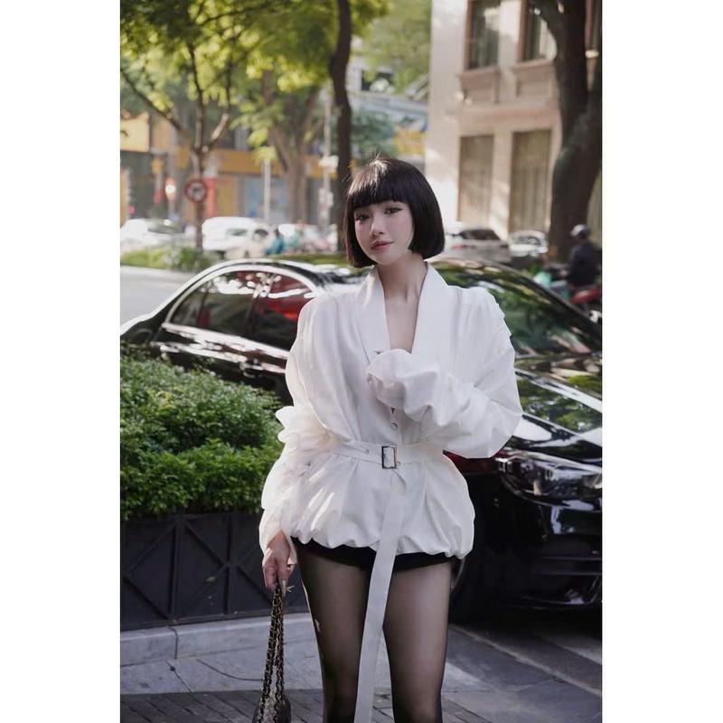   Tặng kèm đai  Áo vest thô nhún tay phồng cổ V chiết eo áo kiểu nữ đẹp slay 