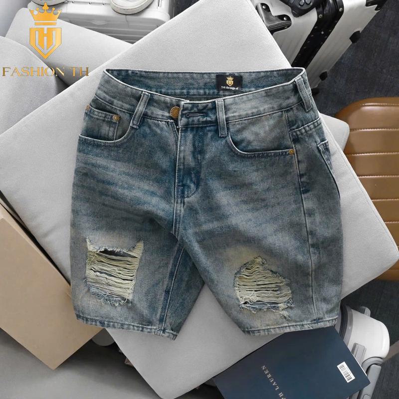 Quần short lửng trên gối  jean cotton không giãn THFashion chất vải denim cao cấp size 28 29 30 31 32 34 36 Menswear Pants Có Túi
