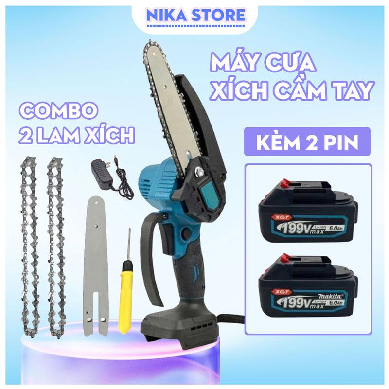  Bộ Máy Cưa Xích PIN Cầm Tay Cưa Gỗ 2 PIN 199V Lõi Đồng Và Phụ Kiện Hệ Thống Bơm Nhớt Tự Động Mới 2025 