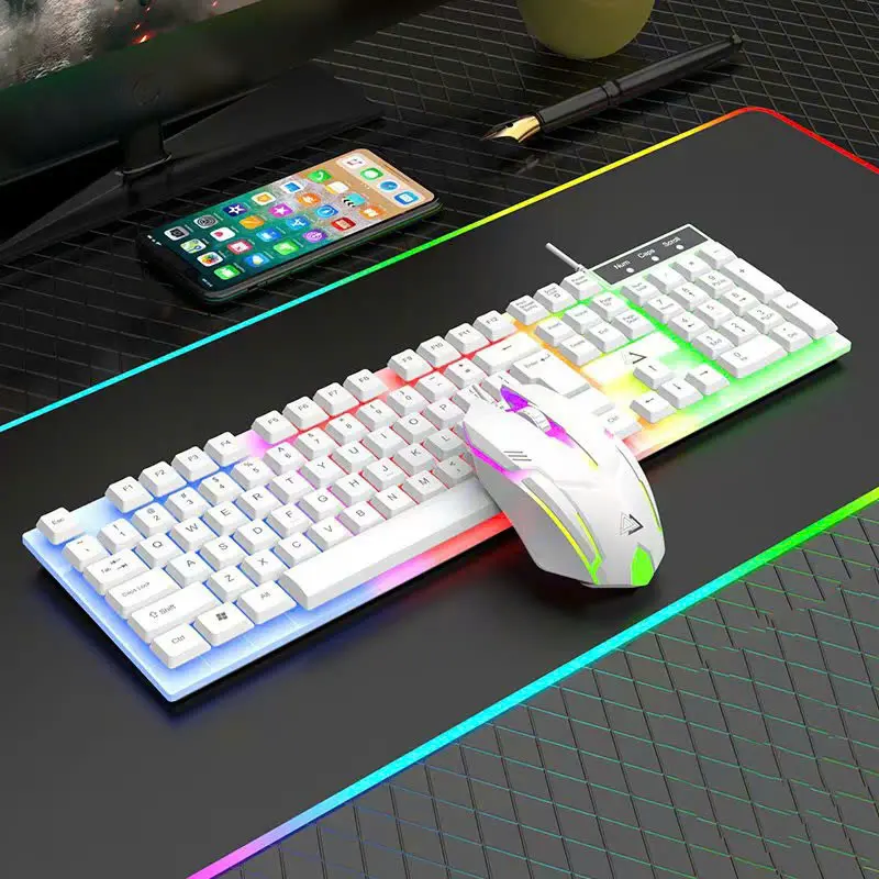 WEIYU Combo Bộ bàn phím chuột máy tính có dây giả cơ, dùng cho văn phòng, led 7 màu