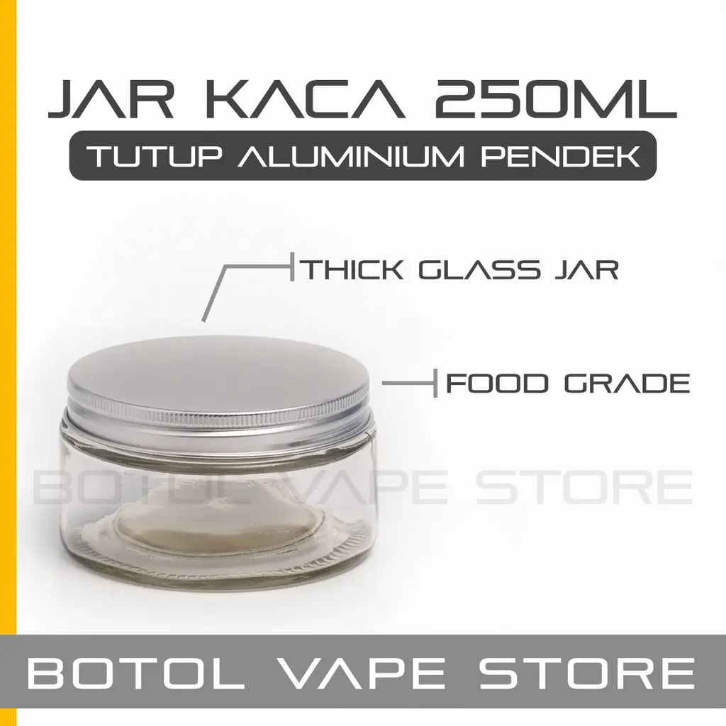 Botol Jar Toples Kaca/Glass Jar 250ml (PENDEK) Tutup Aluminium Silver