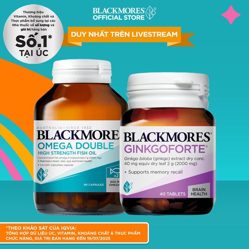  Combo Viên Uống hỗ trợ tuần hoàn máu não BLACKMORES GINKGOFORTE Lọ 40 Viên và Viên Uống Dầu Cá Bổ Sung Omega Hỗ Trợ Cho Tim Mắt và Da BLACKMORES DOUBLE Omega HIGH STRENGTH Lọ 90 Viên 