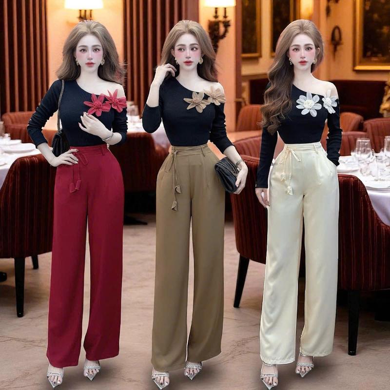 -*( ĐỌC LƯU Ý ỦI GIÚP SHOP ) ( Quần dài 104cm ) Set quần áo CRAZYTEEN S6383 gồm áo thun lệch vai và quần suông để đi chơi ( Áo kiểu/ Quần suông/ Dây cột ) Set đồ nữ sang chảnh