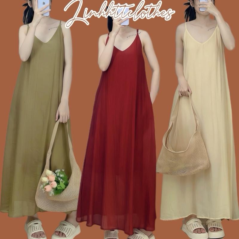 2 LỚP- ĐẦM 2S SUÔNG  CÓ TÚI DÁNG DÀI MIDI FRESSIZE VÁY MAXI DÀI BASIC chất liệu tơ gân mềm mát