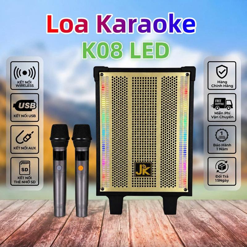 JK-K08 K08A 150W Loa Karaoke Di Động Nghe Nhạc Xách Tay Bluetooth Bass 20cm, kèm 2 Micro không dây, LED tạo hiệu ứng 8 chế độ, Loa ngoài trời, Loa gia đình