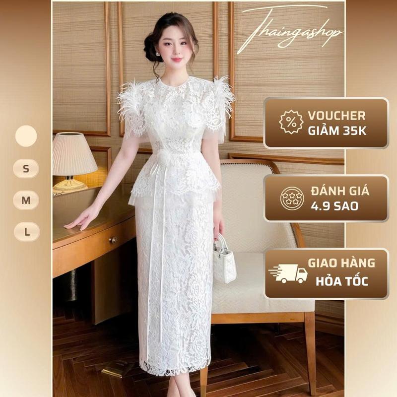  Đầm dự tiệc ren dáng dài đính lông vũ màu trắng màu đen sang trọng đính kèm hoa size S M L XL XXL D0929 