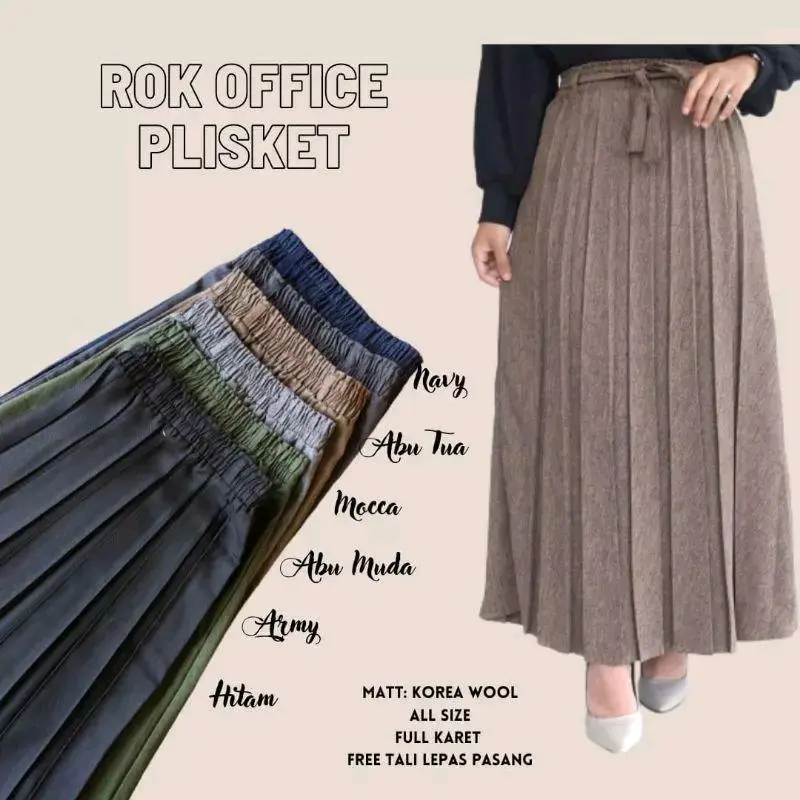 Rok Plisket Semi Wool Skirt Premium Polos Standar Jumbo // Rok Plisket Kerja Formal Panjang Wanita