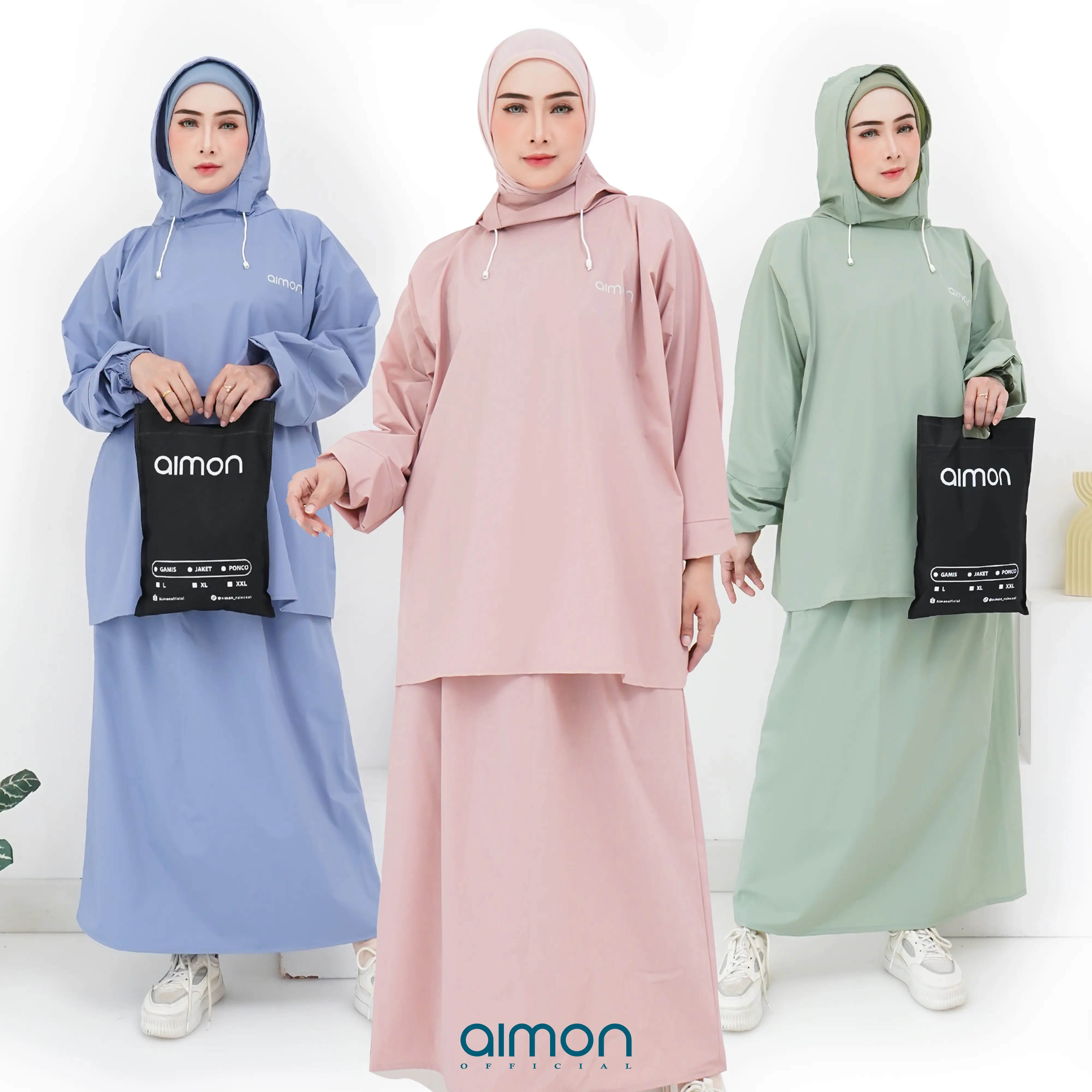 Aimon Jas Hujan Wanita Rok Hoodie Tebal Elastis Waterproof Bahan Parasut PVC dengan Karet Pinggang dan Sablon Logo Menyala