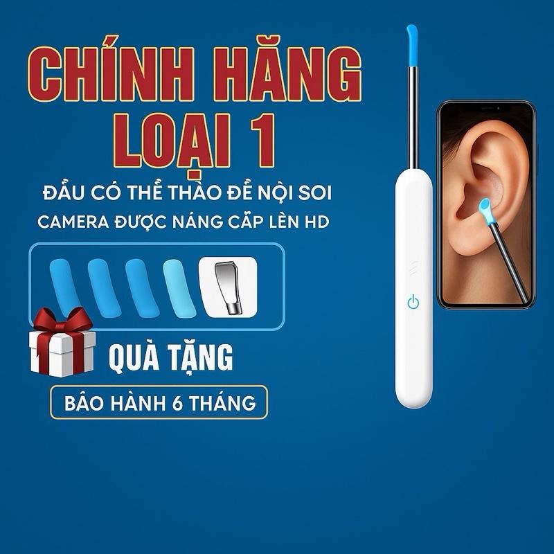 Chính Hãng Loại 1 Dụng cụ lấy ráy tai có camera đầu kim loại bọc silicon Tặng kèm đầu thay thế