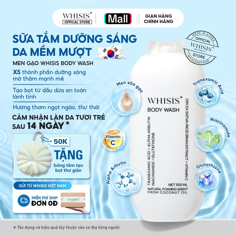 Sữa Tắm Sáng Da Dưỡng Ẩm Mềm Mượt Men Sữa Gạo WHISIS BODY WASH 500ml Lành Tính Tạo Bọt Từ Dầu Dừa Thiên Nhiên