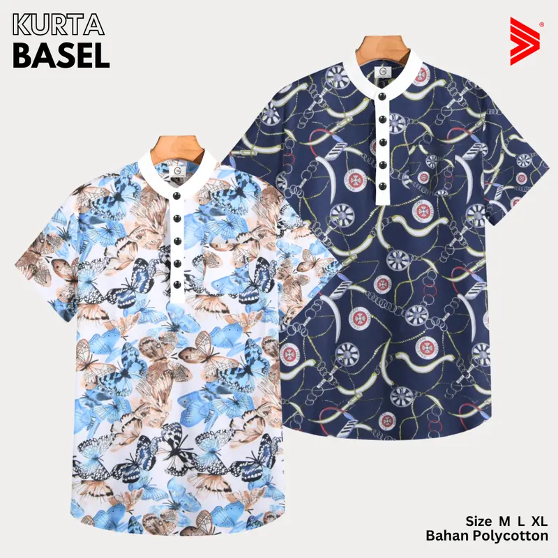 Tiagan99 Kemeja Koko Kurta Pria Shanghai Lengan Pendek Motif Biru Putih Bahan Katun Series Basel 0