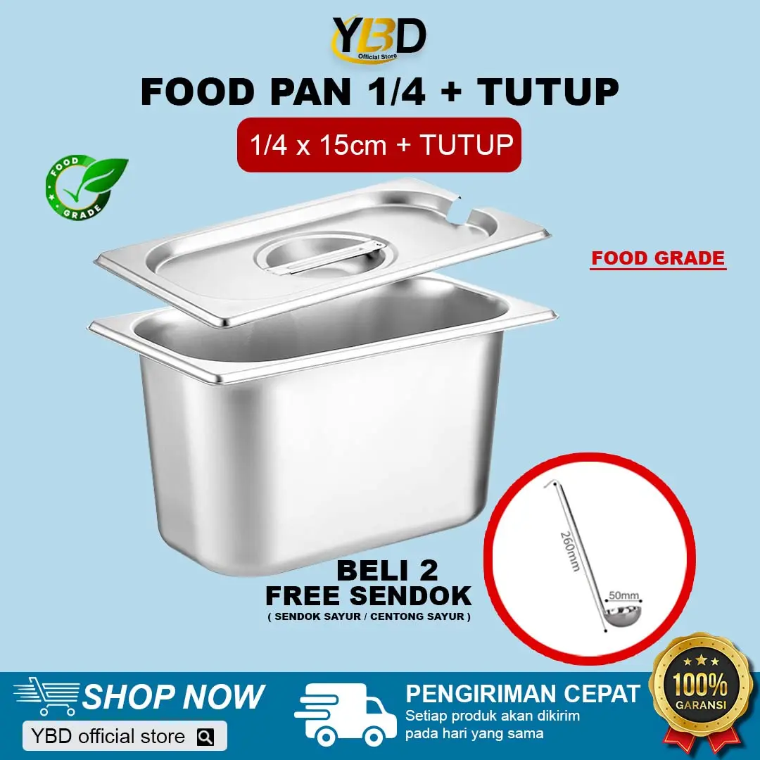 Tempat Wadah Makanan / Food Pan Stainless+Tutup Lubang 1/4x15cm (26,5 x 16,2 x 15cm) | Stainless Steel Gastronom Food Pan | Food pan prasmanan anti karat / Wadah makanan anti karat Sayur