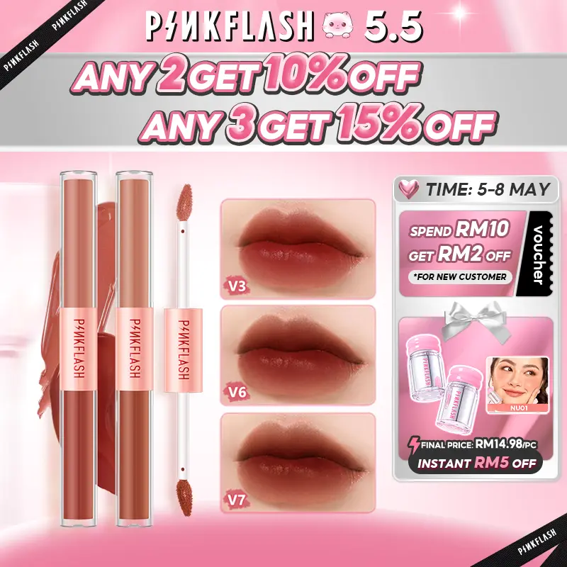 PINKFLASH Gincu cecair matte dua hujung pewarna bibir baldu ringan pigmen tinggi tahan lama 2 dal am 1 PF-L13 Makeup Lipstik Lipstick