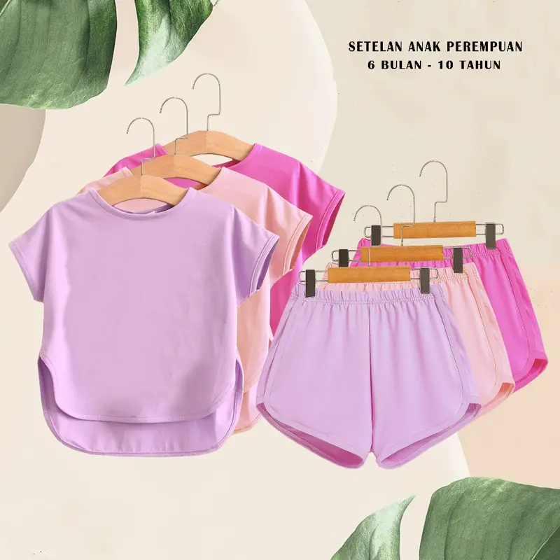 Setelan baju anak perempuan polos celana pendek umur 1 2 3 4 5 6 7 8 9 10 11 12 tahun Katun Parsel set hotpants 0