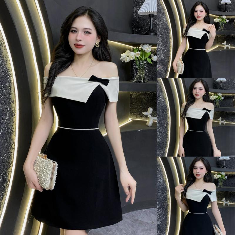 V56 - Váy Thiết Kế Evii  dành cho nữ , Đầm thiết kế trễ vai (tặng kèm nơ cài) dáng A ngắn phù hợp đi chơi và đi dự tiệc Có bigsize Women Dress