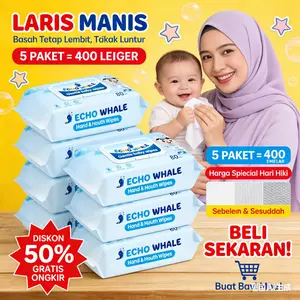 ECHO WHALE Tisu Basah Bayi Air Murni Kesehatan – Stok Rumah 80 Lembar dengan Tutup
