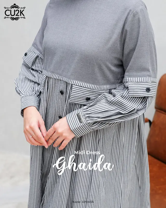 CU2K Midi Dress Katun Ghaida Viral Midi Katun Motif Garis Muslim Nyaman Simple 1