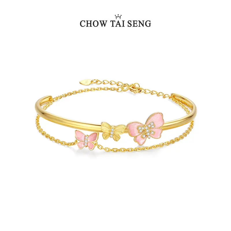 【Chow Tai Seng Jewellery】925 Silver Fluorescent enamel pink butterfly adjustable Bracelet