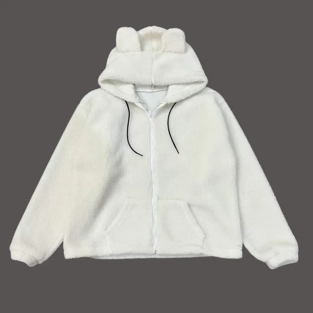 Sweater Hoodie Zip Cute Sherpa Bulu Domba Fit Wanita Zipper Tebal