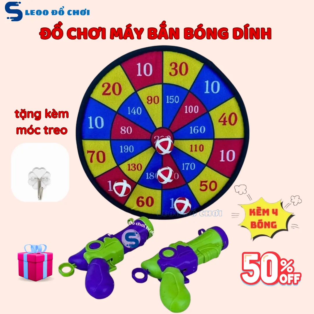 Máy bắn bóng dính cho bé, đồ chơi bảng phi tiêu bắn bóng dính kèm 2 máy bắn và 4 bóng dính tặng kèm móc treo, đồ chơi giải trí rèn luyện khả năng tập trung và tập đếm cho bé giúp bé tránh xa điện thoại và tivi