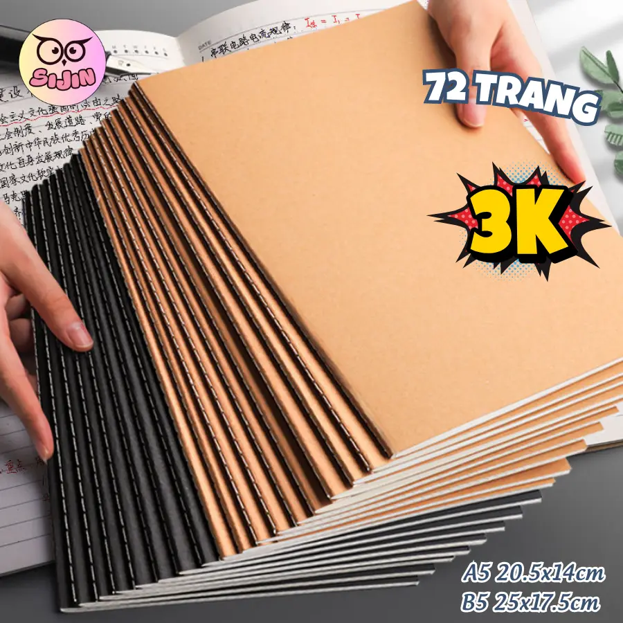 Set 5 Sổ khâu gáy A5/B5 72 Trang, vở học sinh bìa kraft đơn giản màu nâu đen, vở ghi chép giấy kẻ ngang, kẻ vuông - Giấy chất lượng cao, dày dặn chống lóa cho học sinh sinh viên - SIJIN