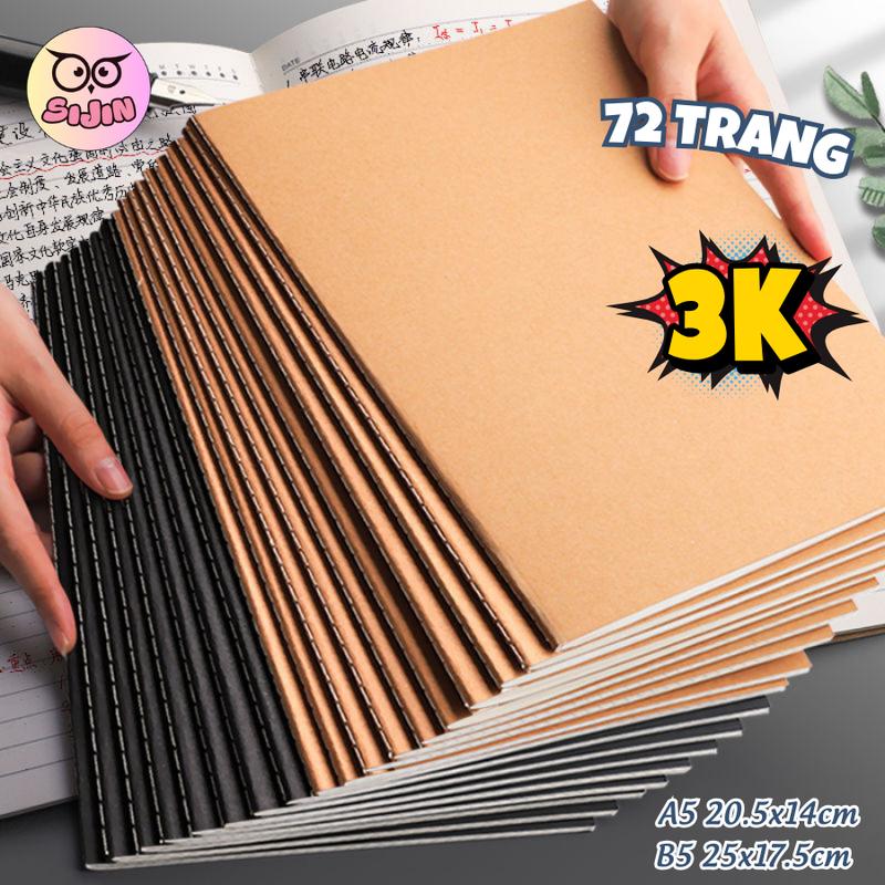 Set 5 Sổ khâu gáy A5/B5 72 Trang, vở học sinh bìa kraft đơn giản màu nâu đen (36 tờ), vở ghi chép giấy kẻ ngang, kẻ vuông - Giấy chất lượng cao, dày dặn chống lóa cho học sinh sinh viên - SIJIN